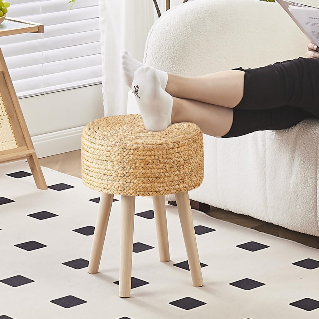 Cpintltr Round Ottoman Footstool Foot Stool Pouf Ottomans with Solid Wood Legs Hand Weave Hyacinth Footrest Step Stool for Living Room Balcony Garden Natural Hyacinth Seagrass