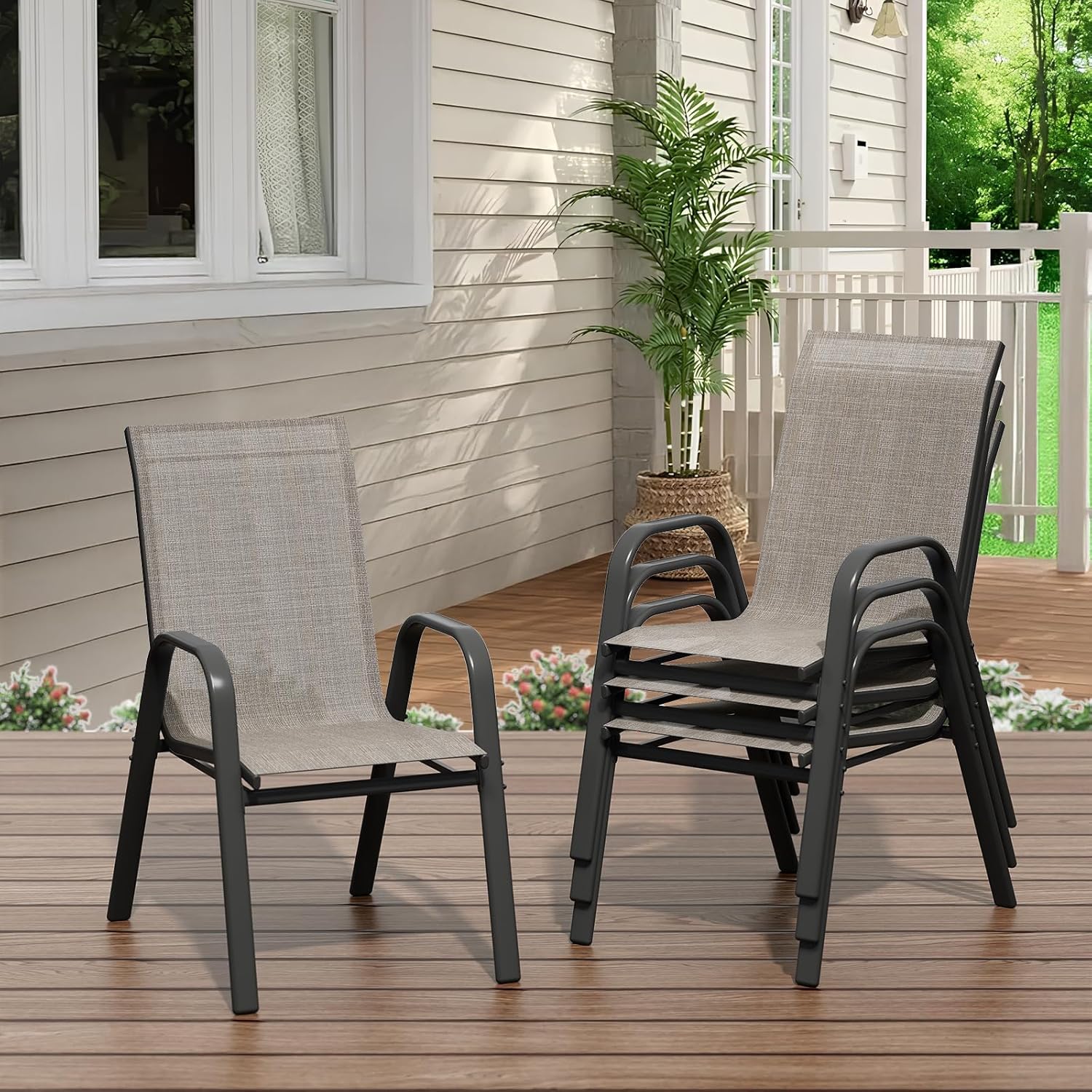 Outdoor Patio Chairs Set of 4, Stackable Dining Chairs with Breathable Textilene, All Weather Metal Frame Deck Chairs, High Back Outdoor Seating for Backyard, Lawn, Garden, Balcony, Poolside