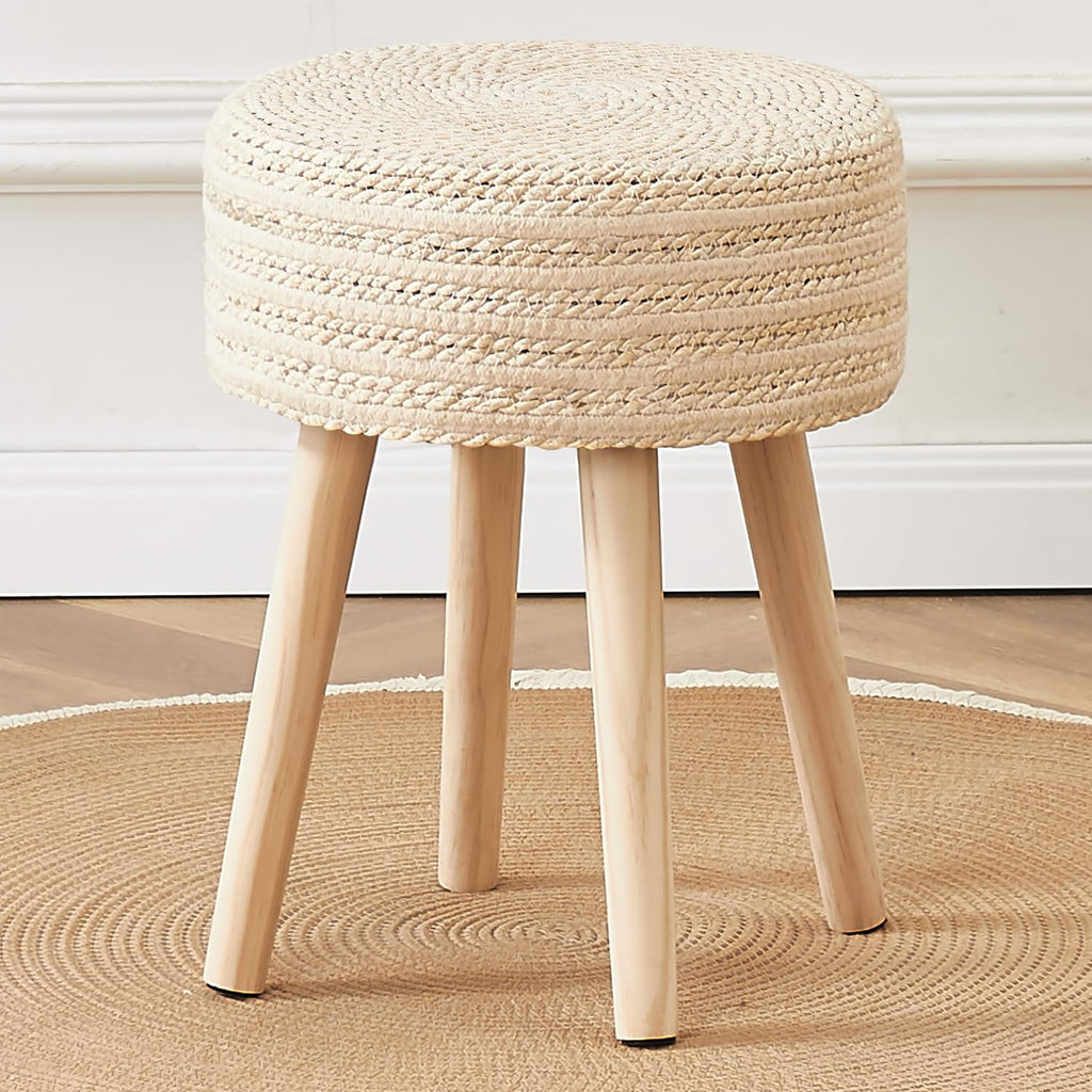 Cpintltr Round Ottoman Footstool Foot Stool Pouf Ottomans with Solid Wood Legs Hand Weave Hyacinth Footrest Step Stool for Living Room Balcony Garden Natural Hyacinth Seagrass