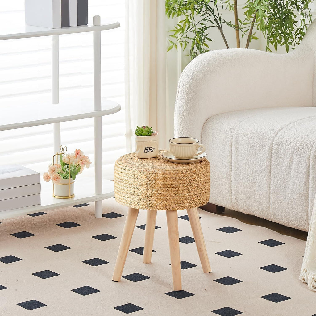 Cpintltr Round Ottoman Footstool Foot Stool Pouf Ottomans with Solid Wood Legs Hand Weave Hyacinth Footrest Step Stool for Living Room Balcony Garden Natural Hyacinth Seagrass