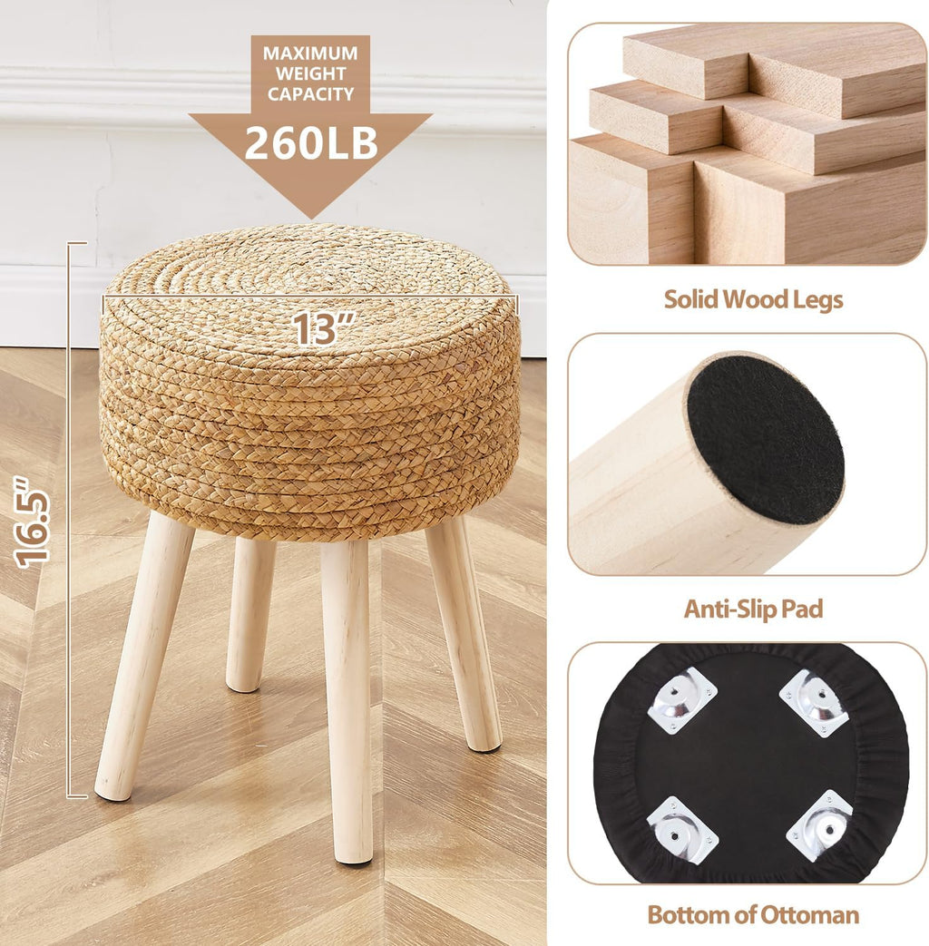 Cpintltr Round Ottoman Footstool Foot Stool Pouf Ottomans with Solid Wood Legs Hand Weave Hyacinth Footrest Step Stool for Living Room Balcony Garden Natural Hyacinth Seagrass