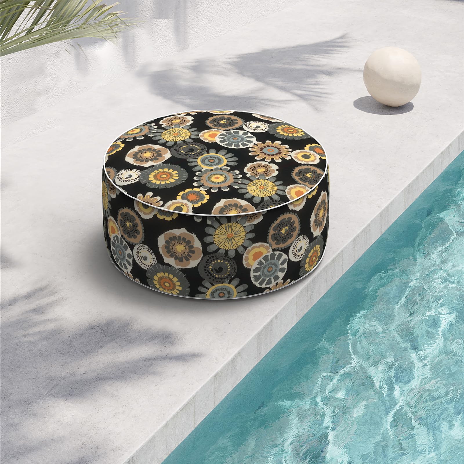 Indoor/Outdoor Inflatable Ottoman D21 x H9 inch, Round Footstool Inflatable Foot Rest Ottoman with Handle, Portable Ottomans Pouf for Patio, Garden, Camping, Home, Herringbone Black White