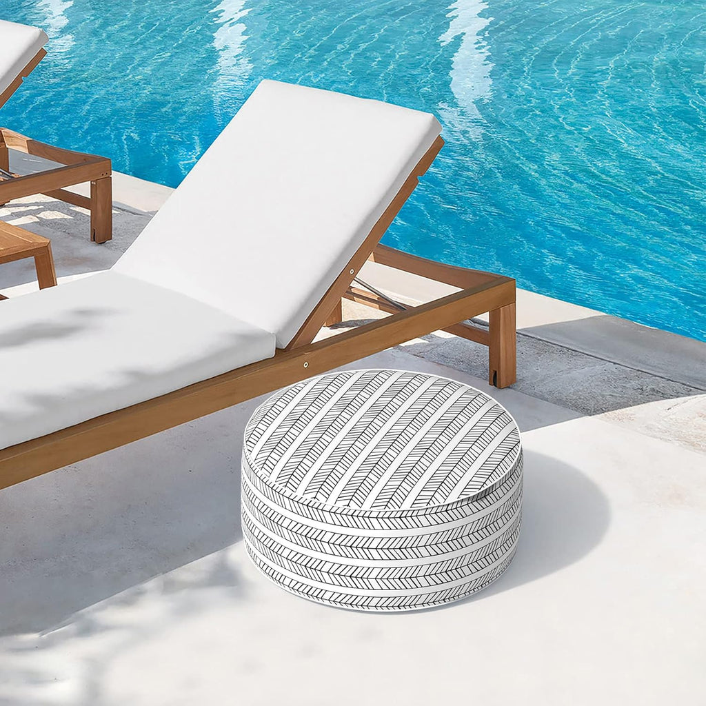 Indoor/Outdoor Inflatable Ottoman D21 x H9 inch, Round Footstool Inflatable Foot Rest Ottoman with Handle, Portable Ottomans Pouf for Patio, Garden, Camping, Home, Herringbone Black White