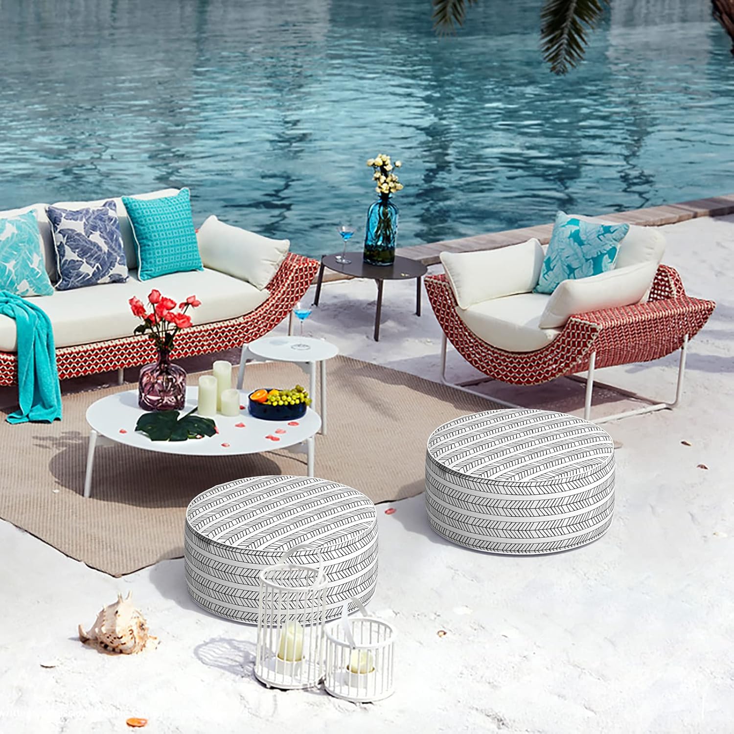 Indoor/Outdoor Inflatable Ottoman D21 x H9 inch, Round Footstool Inflatable Foot Rest Ottoman with Handle, Portable Ottomans Pouf for Patio, Garden, Camping, Home, Herringbone Black White